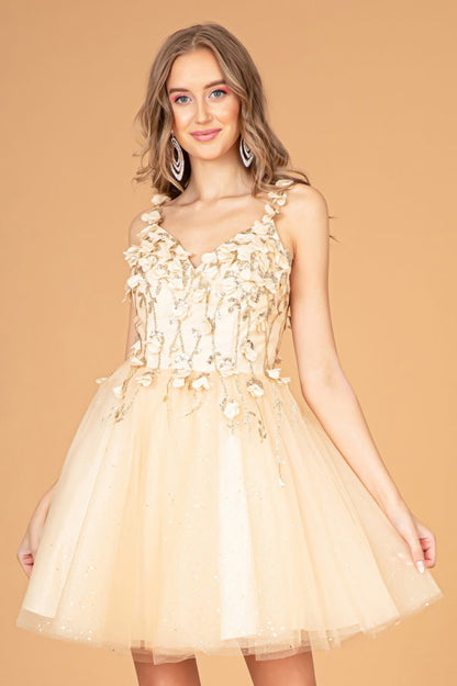 Short Cocktail Glitter Mesh Floral Homecoming Dress - The Dress Outlet Champagne