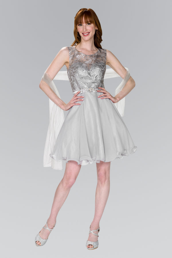 Lace Bodice A-Line Short Dress Cocktail - The Dress Outlet Elizabeth K Silver