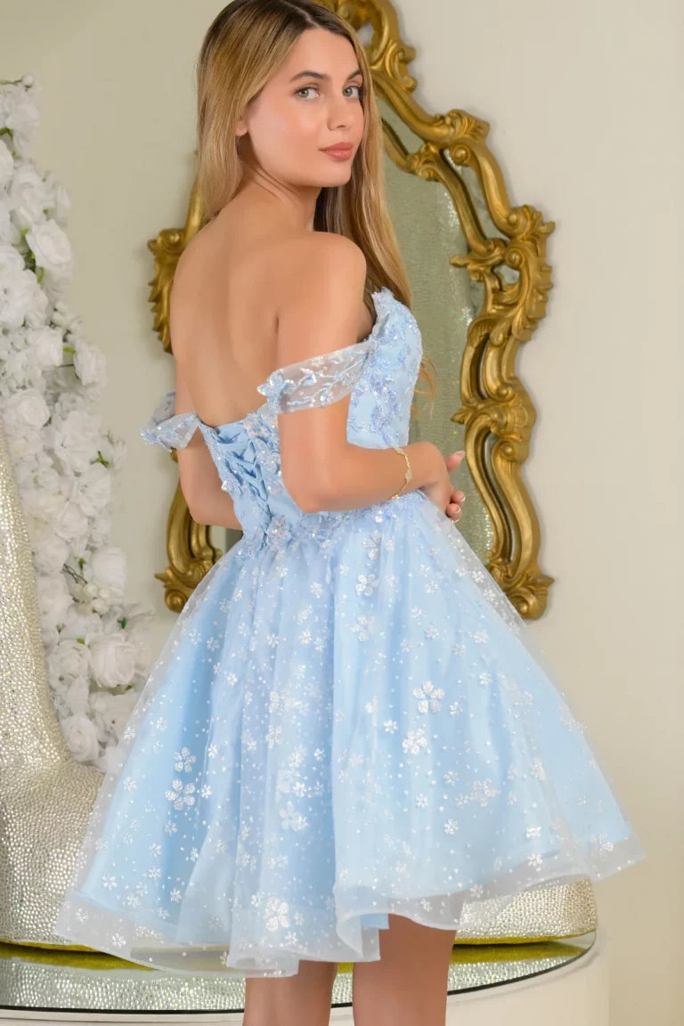 Cocktail Dresses Floral A Line Short Homecoming Cocktail Dress Bahama Blue