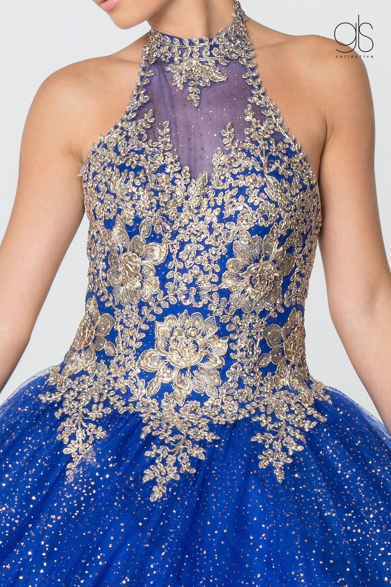 Halter Ball Gown Glitter Skirt Quinceanera Long Dress - The Dress Outlet Elizabeth K