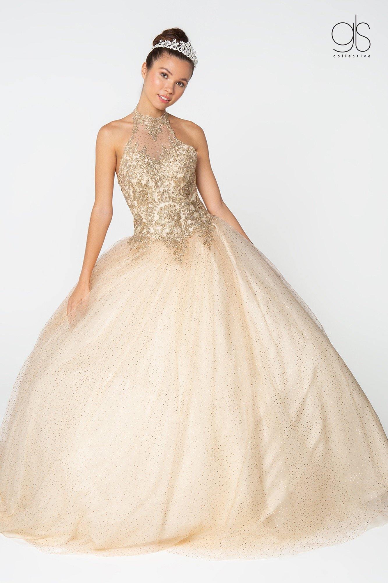 GLS Halter Ball Gown Quinceanera Dress - Mauve - 3XL - Glitter Skirt with Gold Applique GLS Halter Ball Gown Quinceanera Dress - Mauve - 3XL - Glitter Skirt with Gold Applique