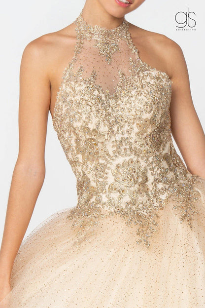 Halter Ball Gown Glitter Skirt Quinceanera Long Dress - The Dress Outlet Elizabeth K