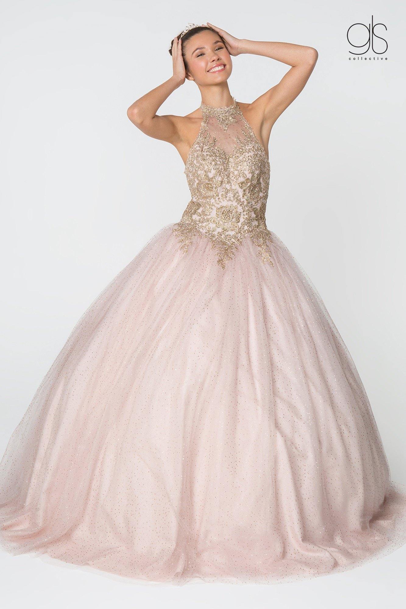 GLS Halter Ball Gown Quinceanera Dress - Mauve - 3XL - Glitter Skirt with Gold Applique GLS Halter Ball Gown Quinceanera Dress - Mauve - 3XL - Glitter Skirt with Gold Applique