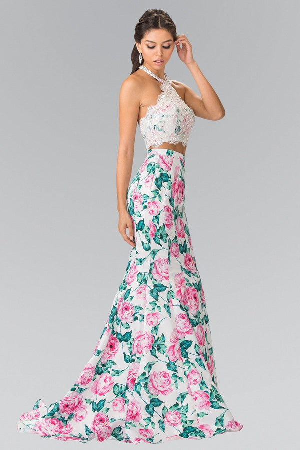 blue floral two piece prom dress La Femme