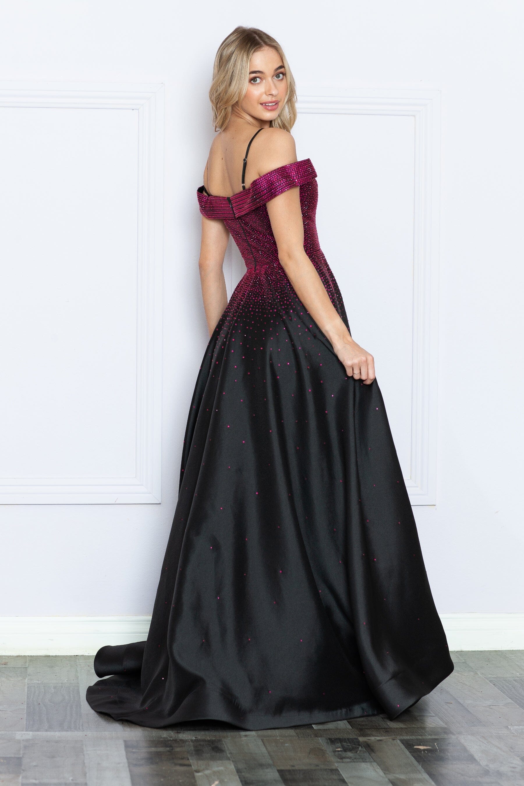 Black/Hot Pink Off-the-Shoulder Floor-Length Satin Prom Gown with Heat Stone Embellishments Formal Dress Poly USA 9278