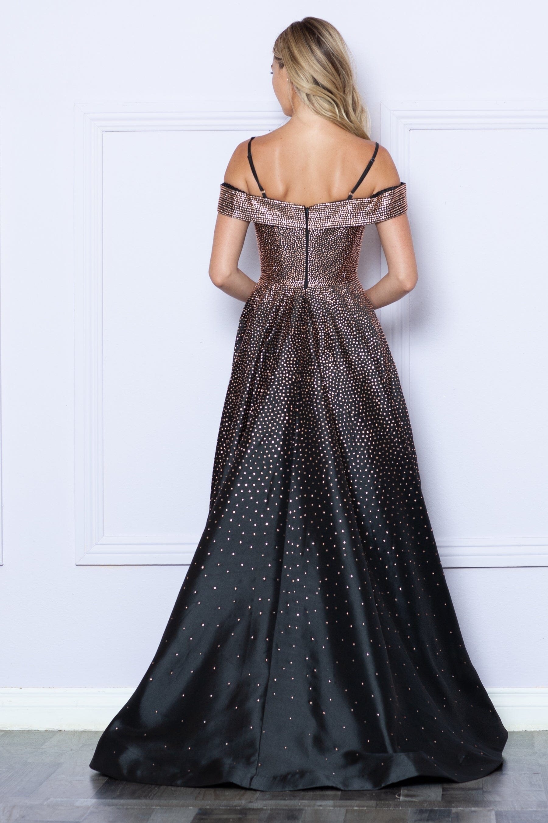 Black/Rose Gold Off-the-Shoulder Floor-Length Satin Prom Gown with Heat Stone Embellishments Formal Dress Poly USA 9278