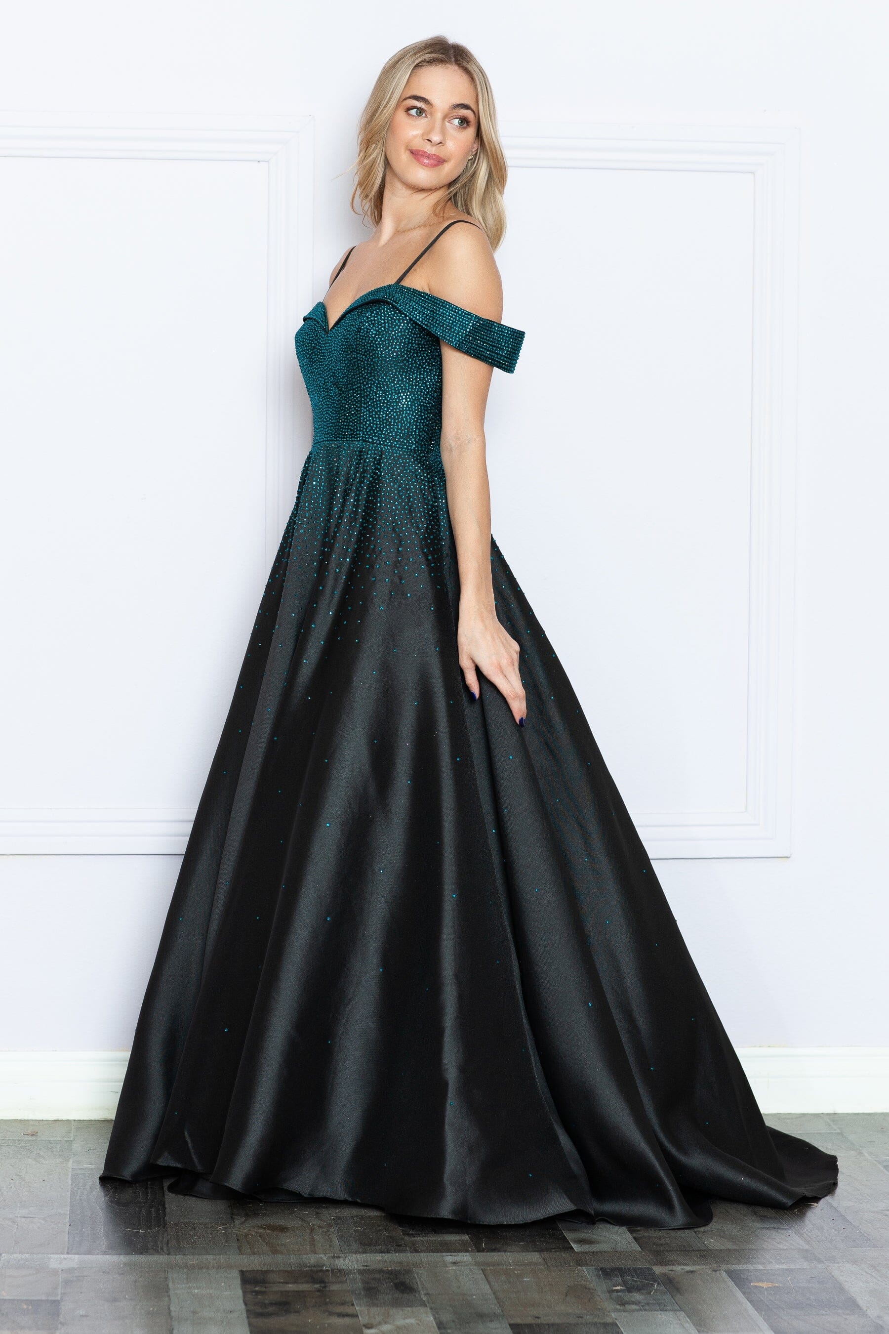Black/Turquoise Off-the-Shoulder Floor-Length Satin Prom Gown with Heat Stone Embellishments Formal Dress Poly USA 9278