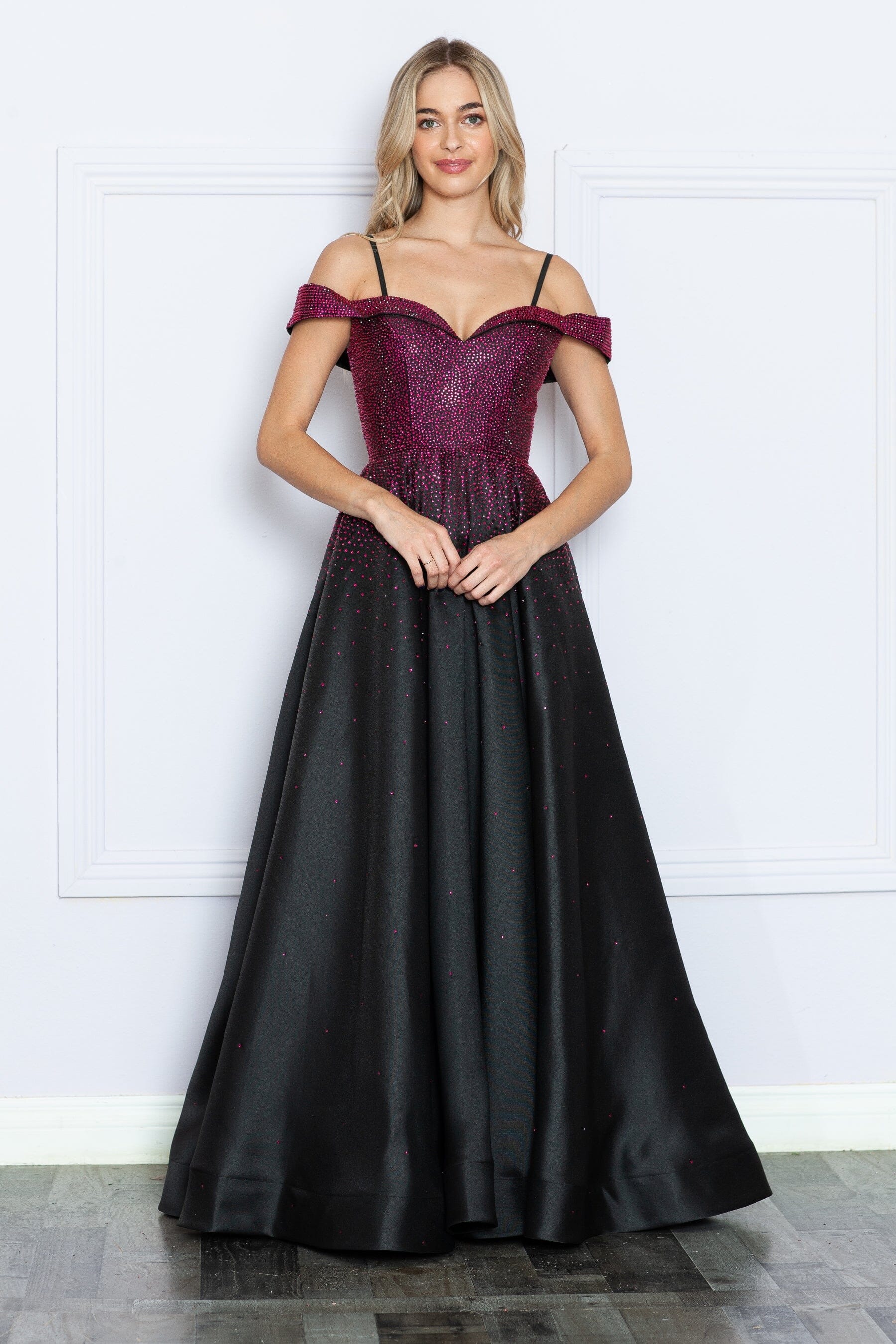 Black/Hot Pink Off-the-Shoulder Floor-Length Satin Prom Gown with Heat Stone Embellishments Formal Dress Poly USA 9278