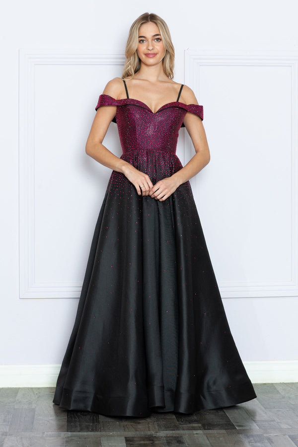 Off-the-Shoulder Floor-Length Satin Prom Gown with Heat Stone Embellishments Formal Dress Poly USA 9278