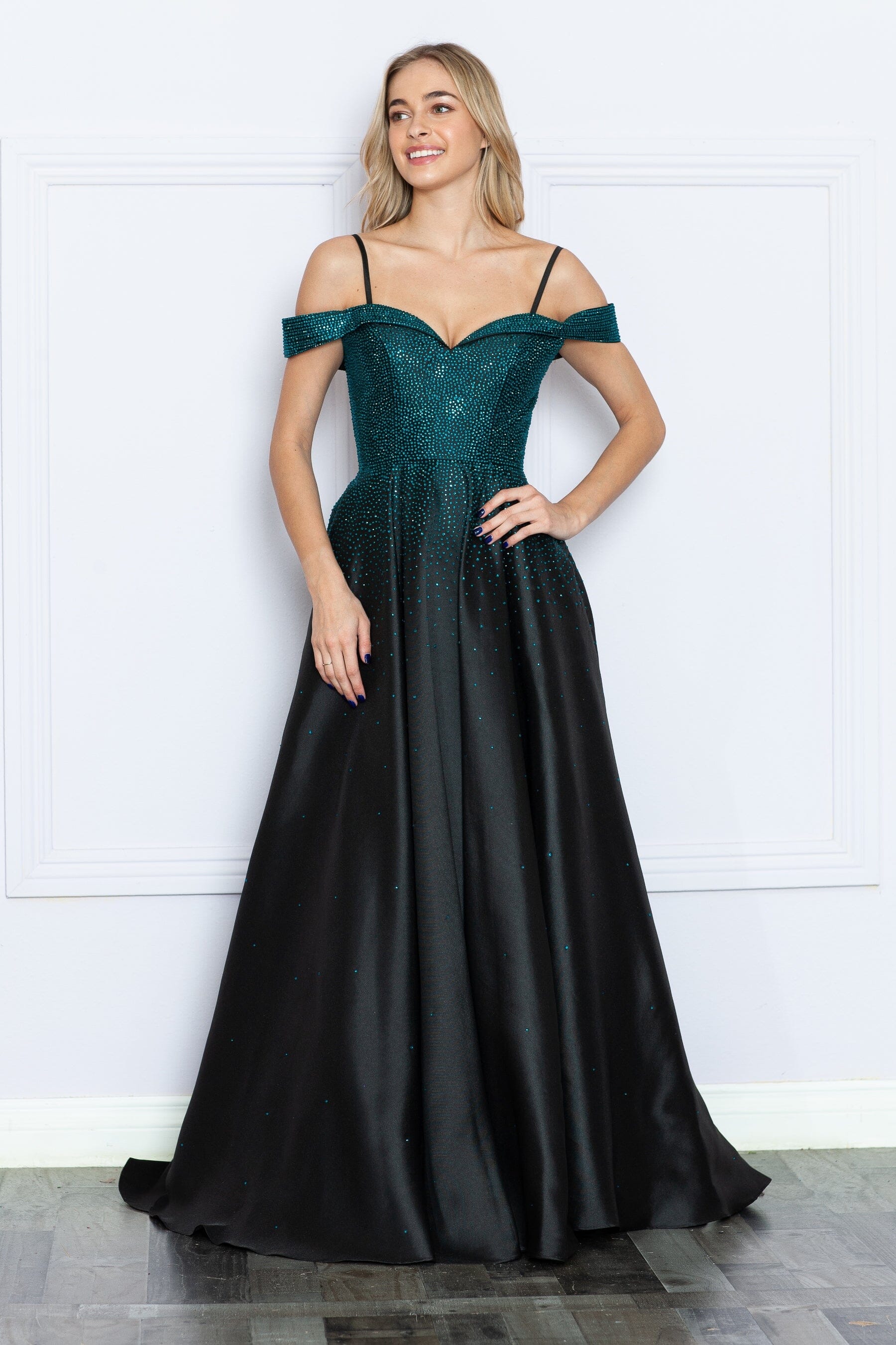 Black/Turquoise Off-the-Shoulder Floor-Length Satin Prom Gown with Heat Stone Embellishments Formal Dress Poly USA 9278