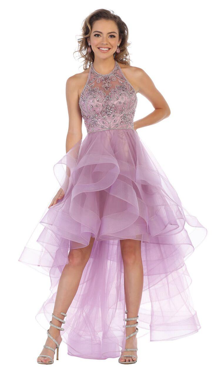 High Low Halter Ruffled Skirt Prom Dress - The Dress Outlet May Queen