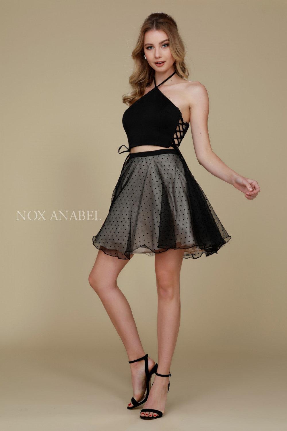 High-Neck Sexy Two Piece Crop Top Prom Dress Black/Nude - The Dress Outlet Nox Anabel