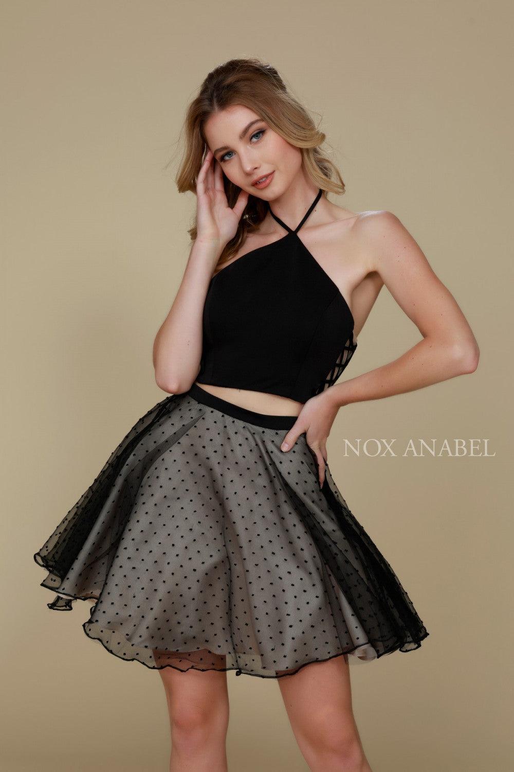High-Neck Sexy Two Piece Crop Top Prom Dress Black/Nude - The Dress Outlet Nox Anabel