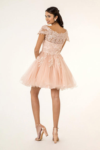 Homecoming Short Cap Sleeve Embroidered Prom Dress - The Dress Outlet
