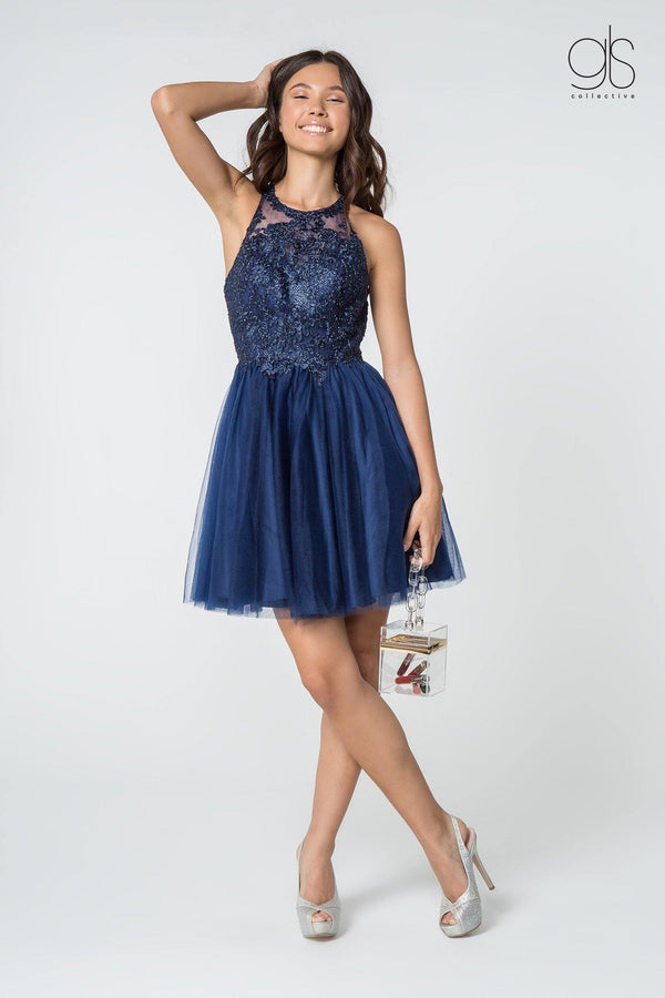 Navy M Homecoming Short Halter Lace Bodice Cocktail Dress Sale