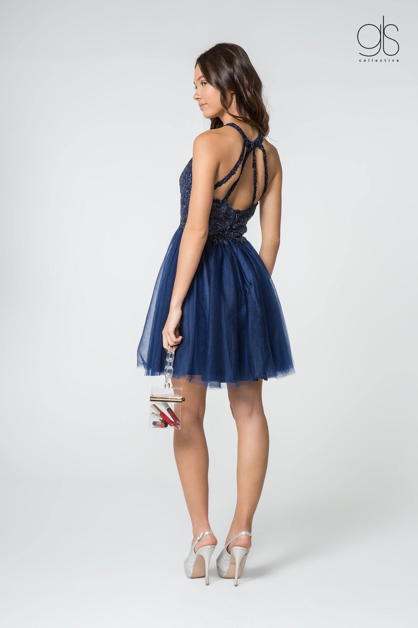 Navy M Homecoming Short Halter Lace Bodice Cocktail Dress Sale