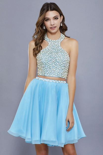 Homecoming Short Two Piece Set Beaded Halter Prom Dress - The Dress Outlet Nox Anabel