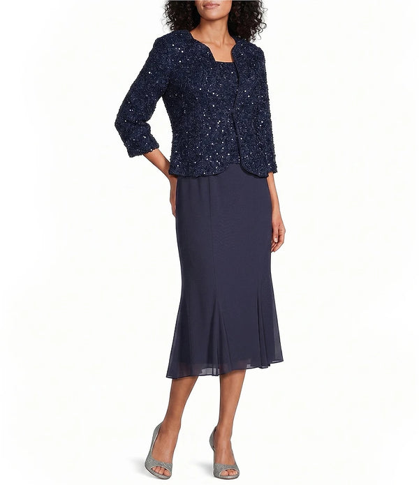 Tea Length Soutache Dress with Center Front Button Jacket and Chiffon Skirt Alex Evenings 81122689