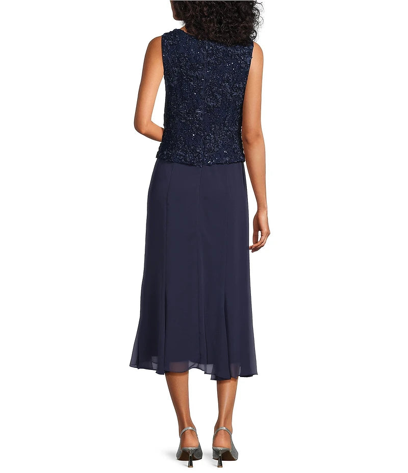 Tea Length Soutache Dress with Center Front Button Jacket and Chiffon Skirt Alex Evenings 81122689