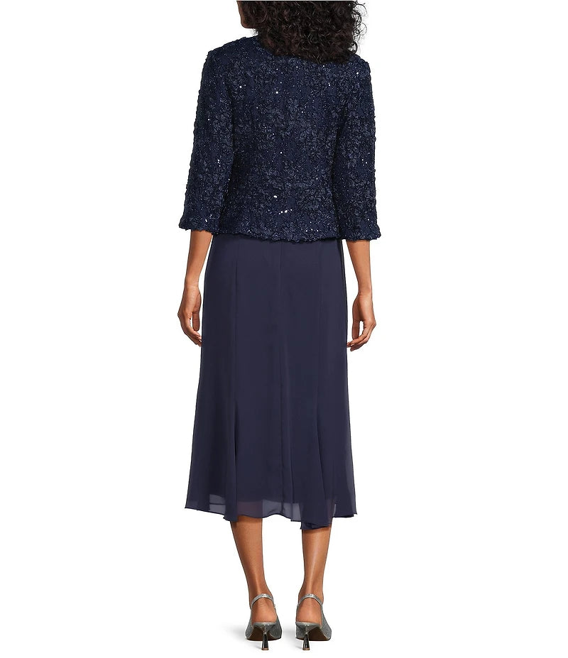 Tea Length Soutache Dress with Center Front Button Jacket and Chiffon Skirt Alex Evenings 81122689