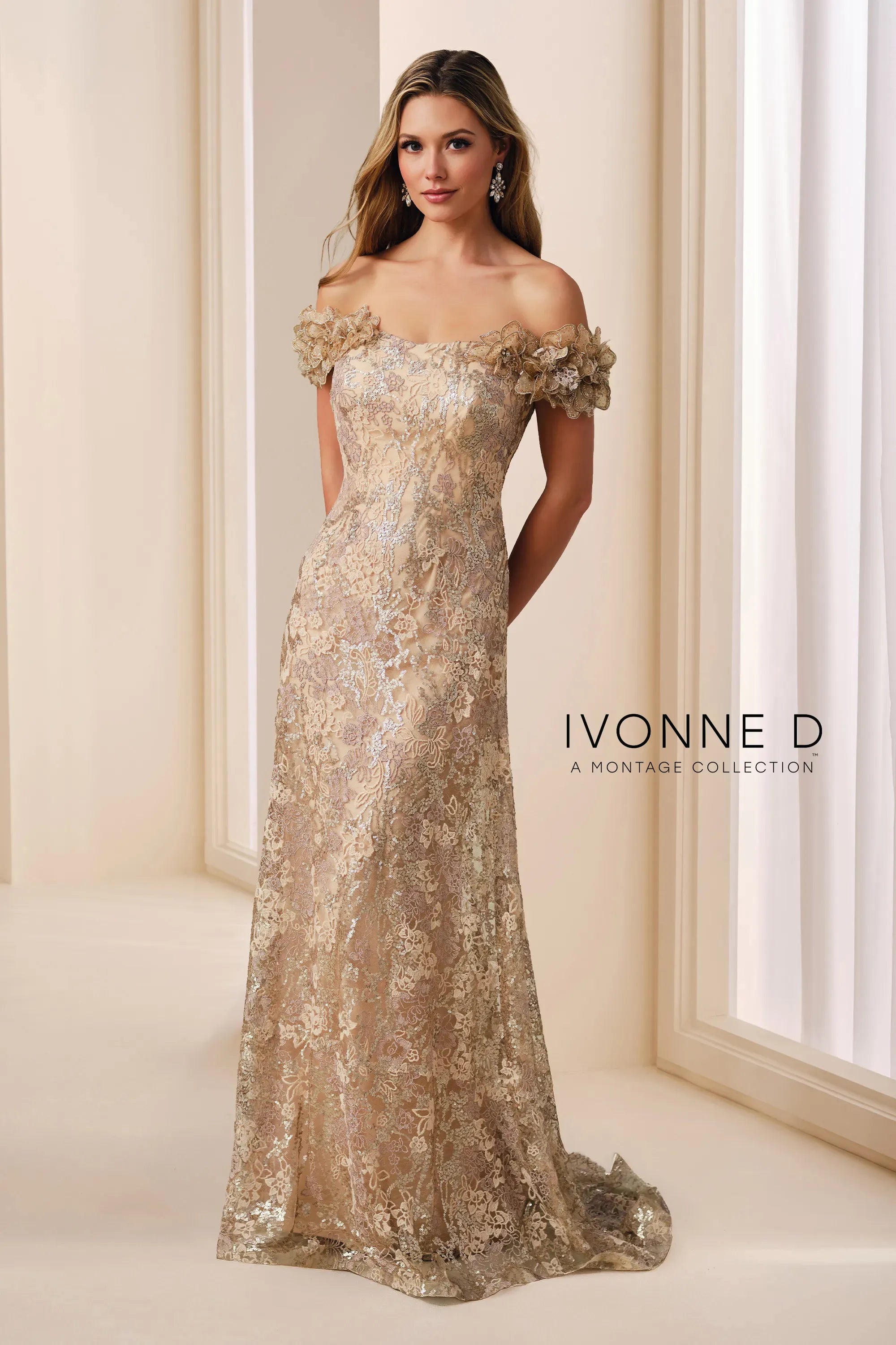 Off-the-Shoulder Floor-Length Lace Formal Sheath/Column Ivonne D ID2205