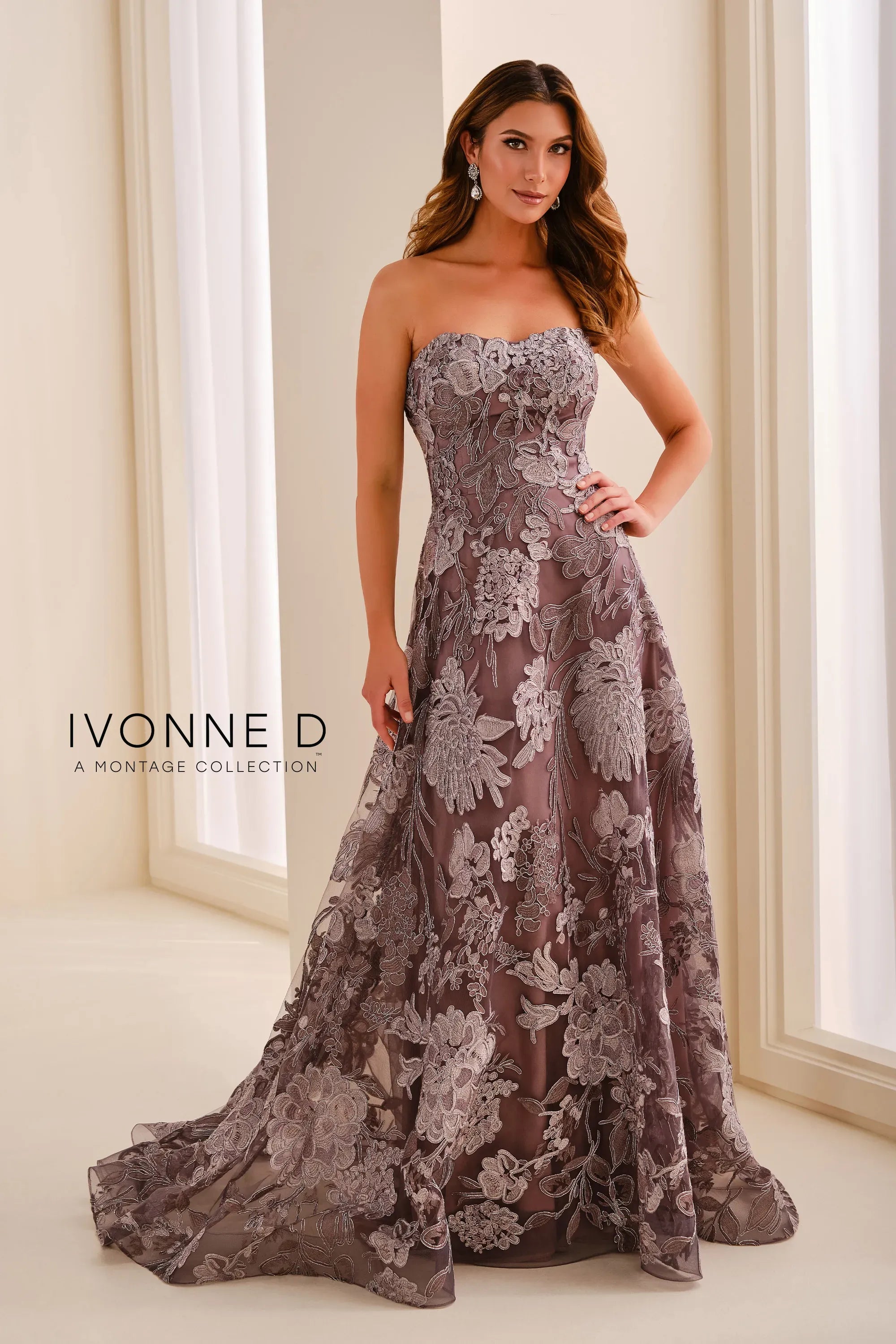 Strapless Curved Neck Floor-Length Lace Formal A-Line Gown Ivonne D ID2211