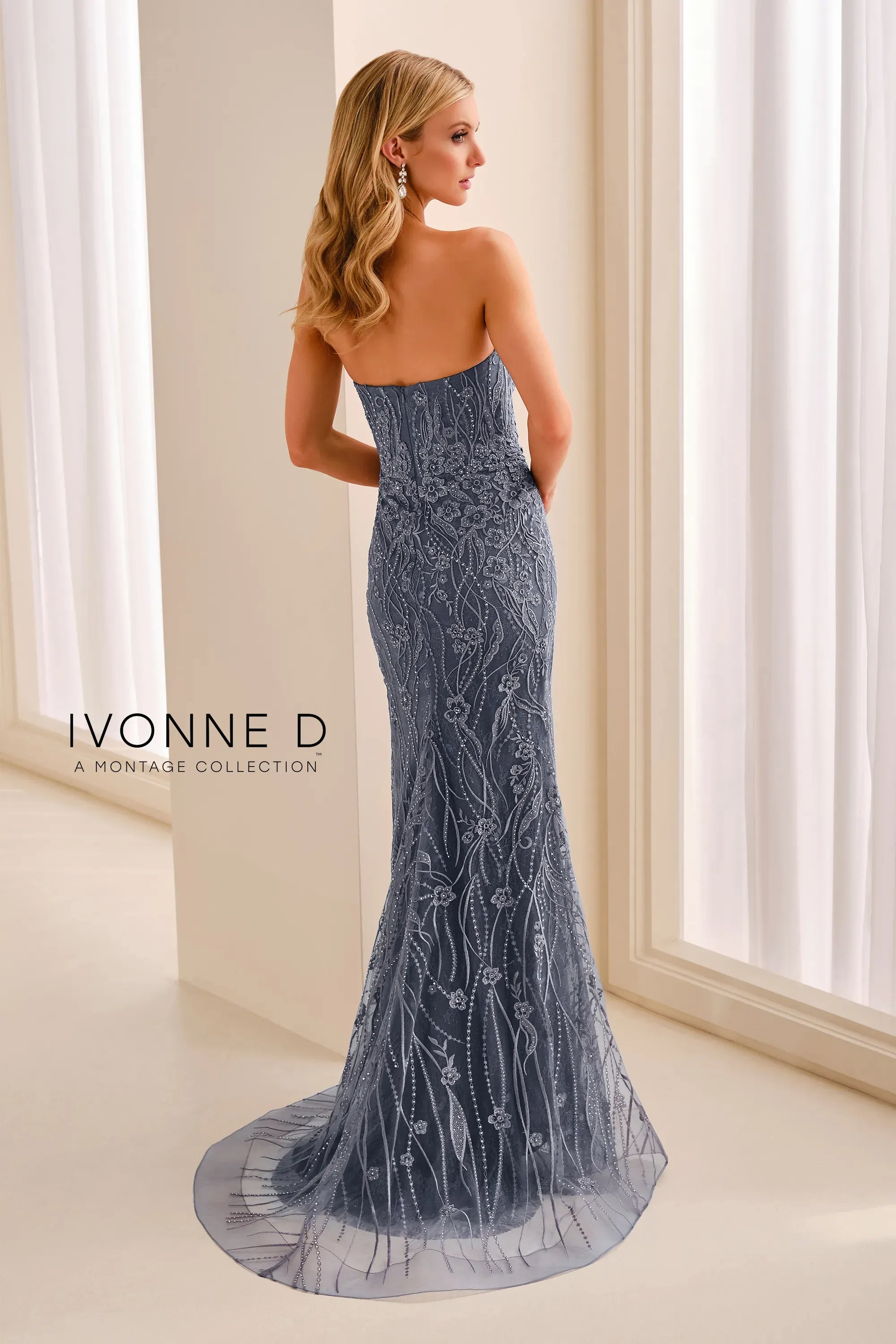 Strapless Curved Neck Floor-Length Lace Formal Sheath Gown Ivonne D ID2212