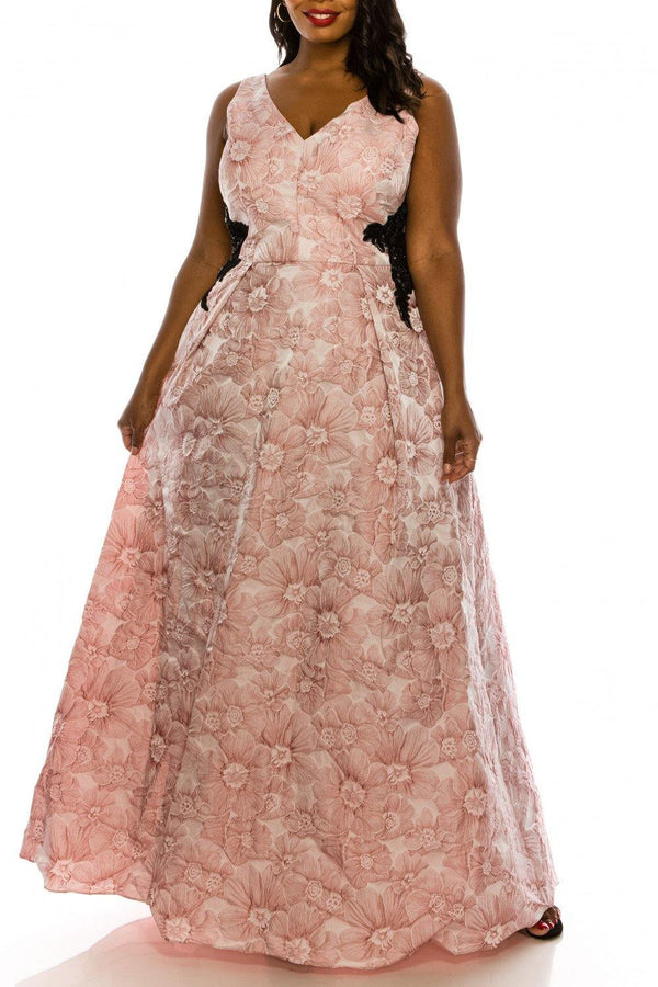 Ignite Evenings Floral Jacquard Waist Applique Ballgown, Womens, 10, Black/Pink