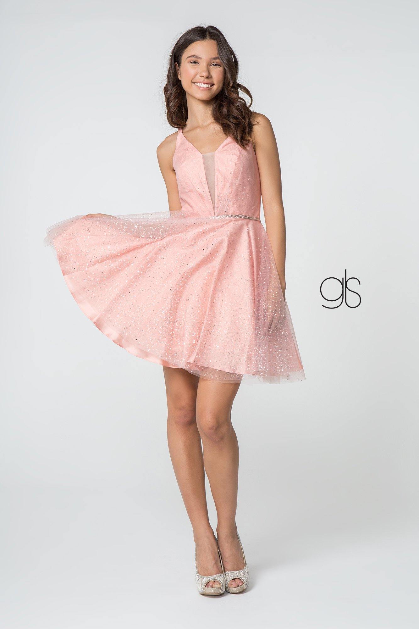 Illusion Deep V-Neck Glitter Mesh Short Dress w/ U-Back - Blush / XL Illusion Deep V-Neck Glitter Mesh Short Dress w/ U-Back - Blush / XL
