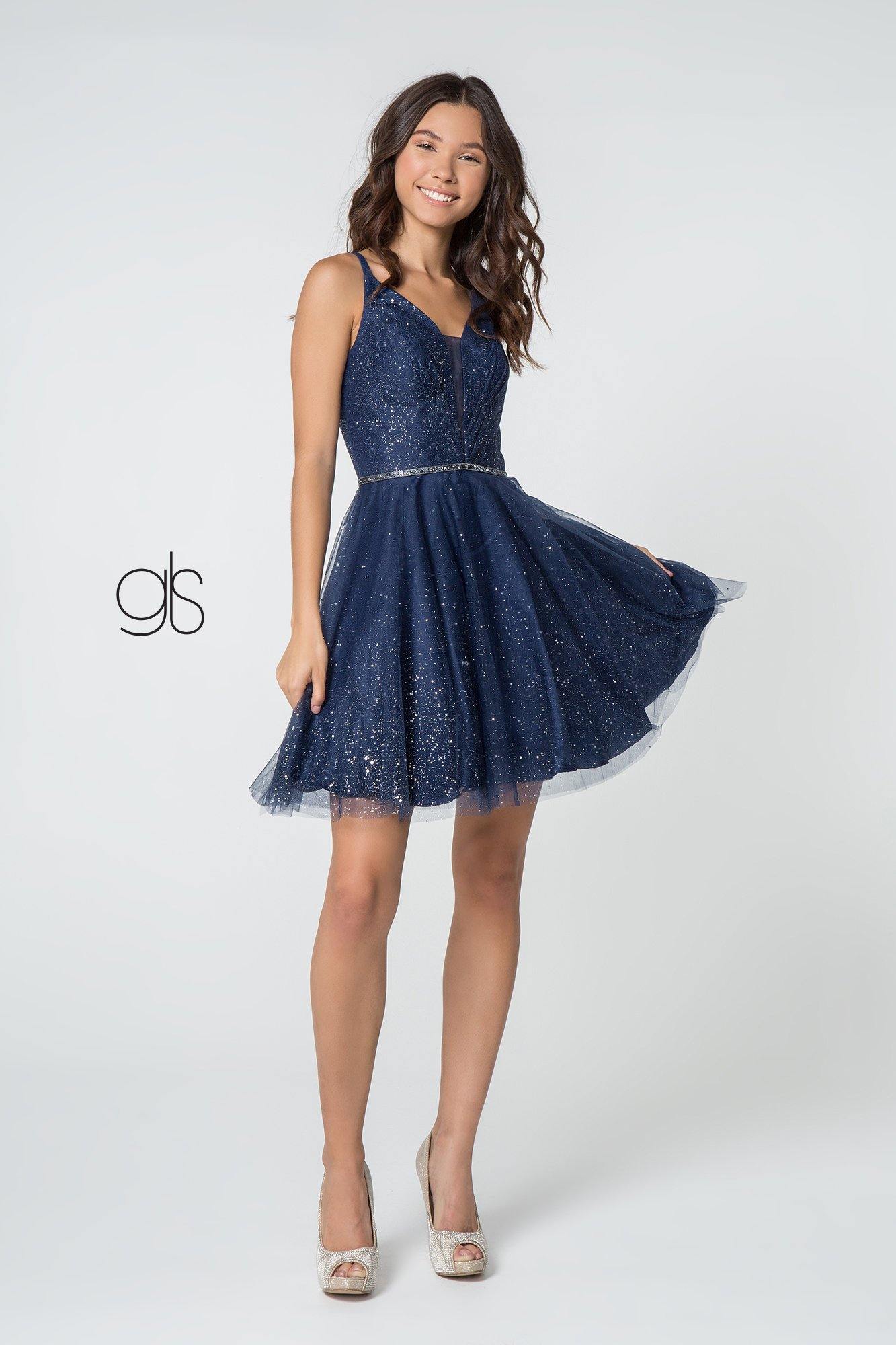 Illusion Deep V-Neck Glitter Mesh Short Dress w/ U-Back  The Dress Outlet