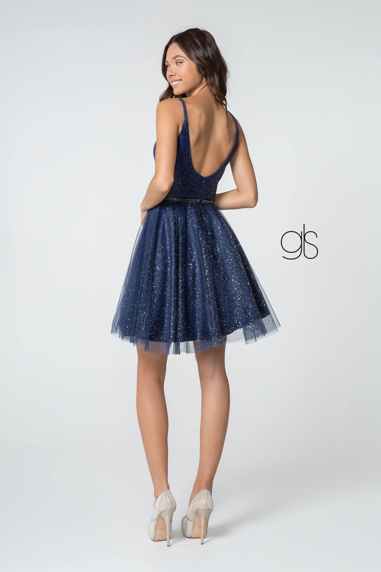 Illusion Deep V-Neck Glitter Mesh Short Dress w/ U-Back