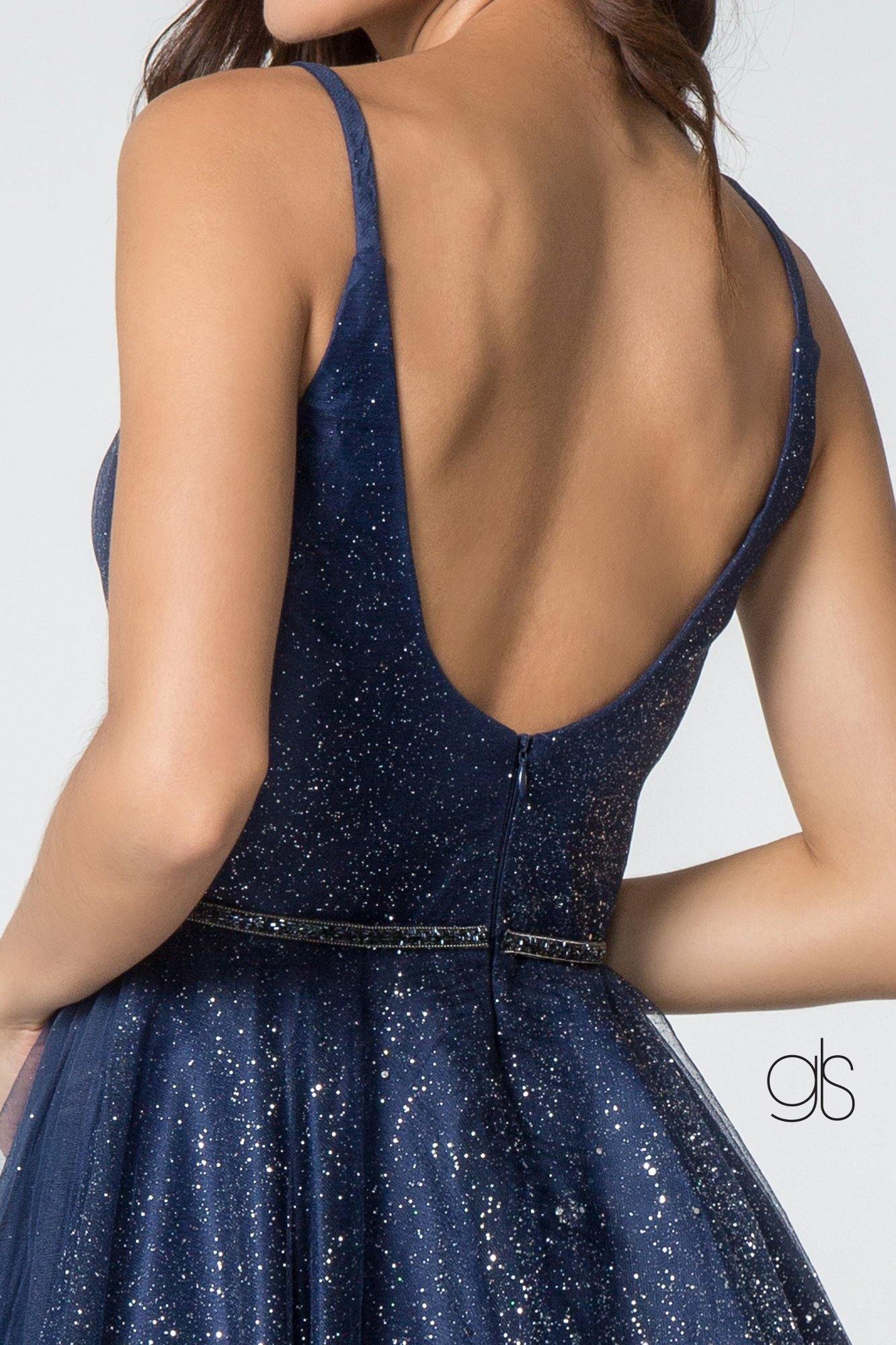 Illusion Deep V-Neck Glitter Mesh Short Dress w/ U-Back
