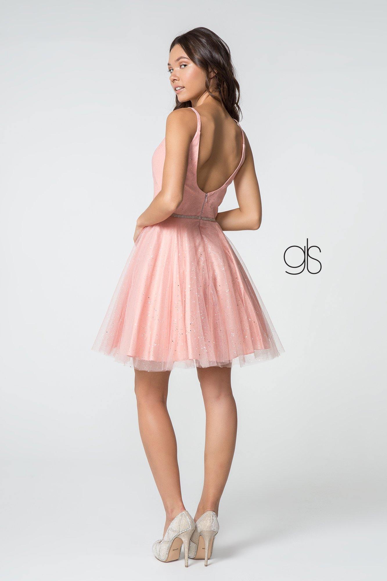 Illusion Deep V-Neck Glitter Mesh Short Dress w/ U-Back - Blush / XL Illusion Deep V-Neck Glitter Mesh Short Dress w/ U-Back - Blush / XL