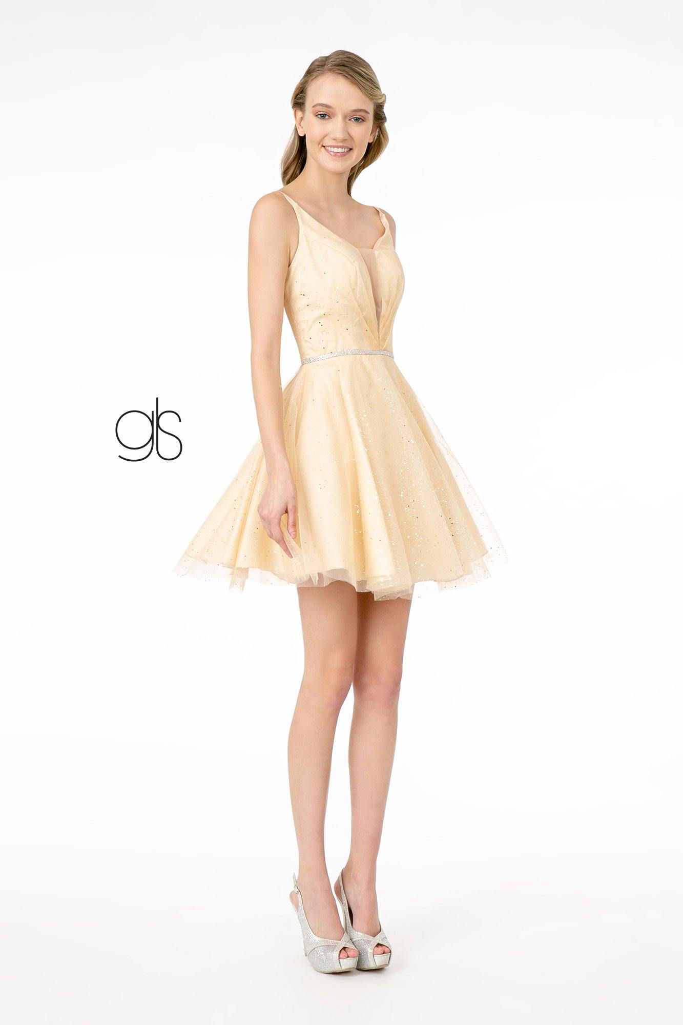 dress with short Illusion Deep V-Neck Glitter Mesh Short Dress w/ U-Back
