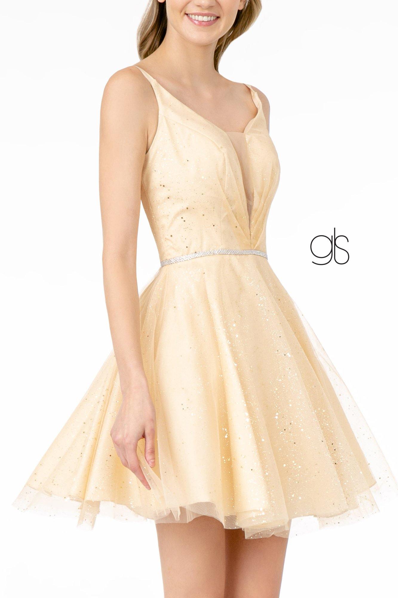 Illusion Deep V-Neck Glitter Mesh Short Dress w/ U-Back