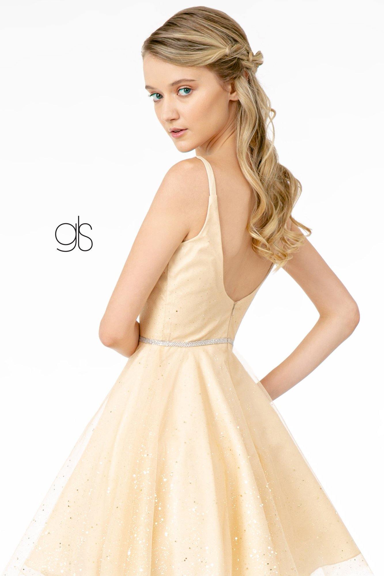 Illusion Deep V-Neck Glitter Mesh Short Dress w/ U-Back