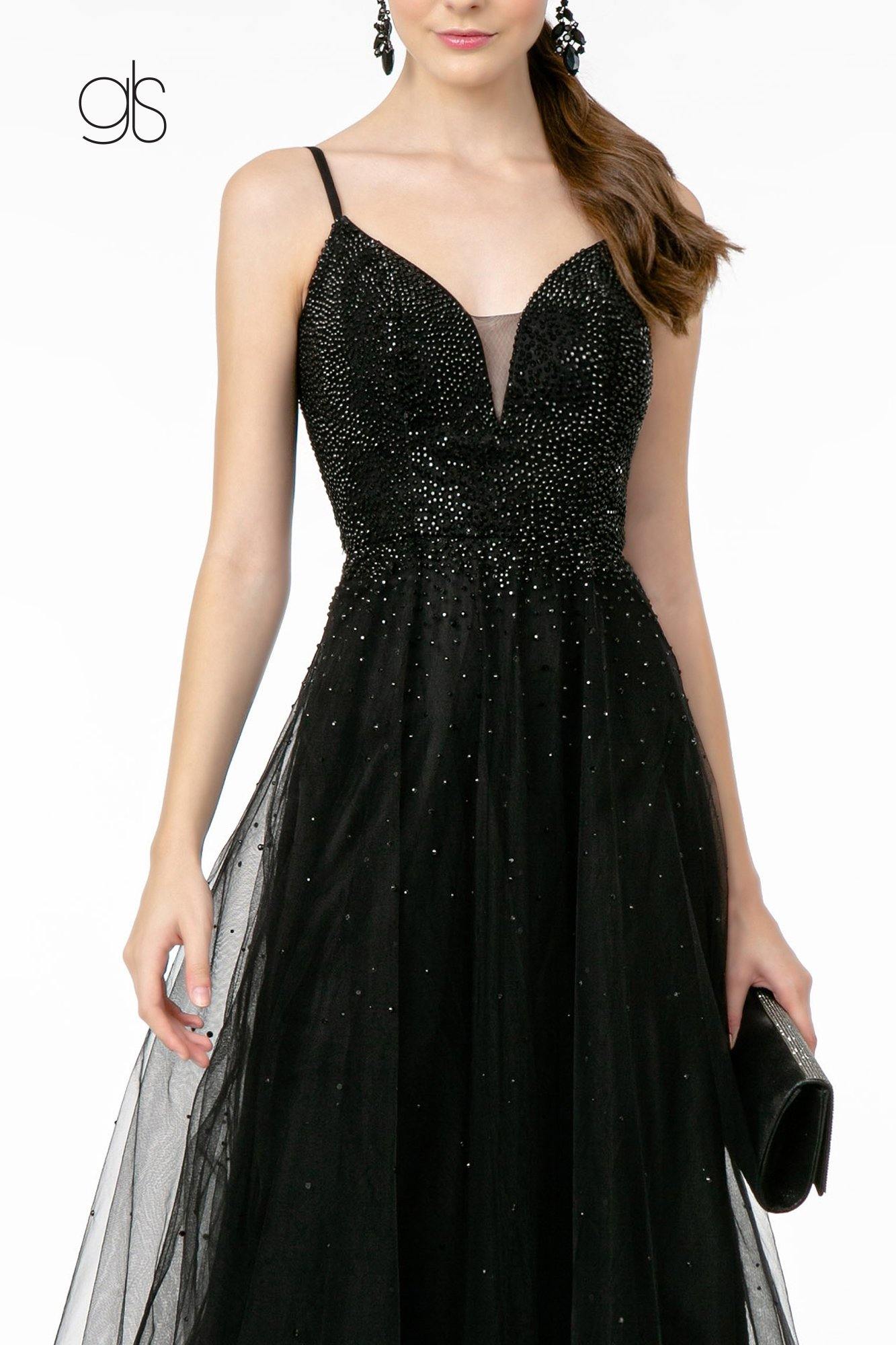 Illusion Deep V-Neck Mesh Long Prom Dress - The Dress Outlet Elizabeth K