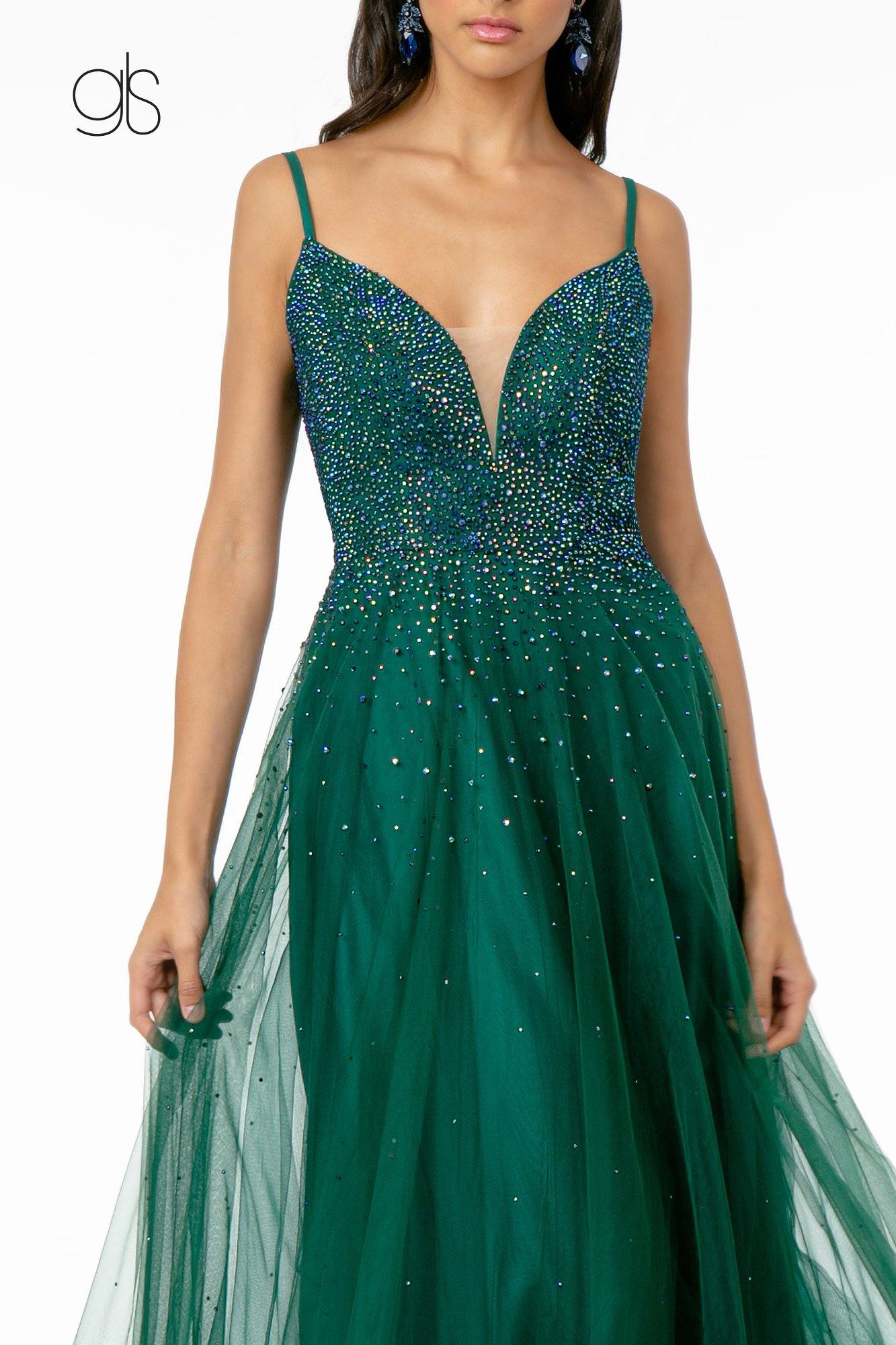 Illusion Deep V-Neck Mesh Long Prom Dress - Champagne / XL Illusion Deep V-Neck Mesh Long Prom Dress - Champagne / XL
