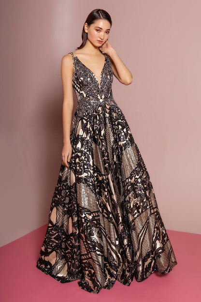 Illusion Gold Formal Long Prom Dress - The Dress Outlet Elizabeth K
