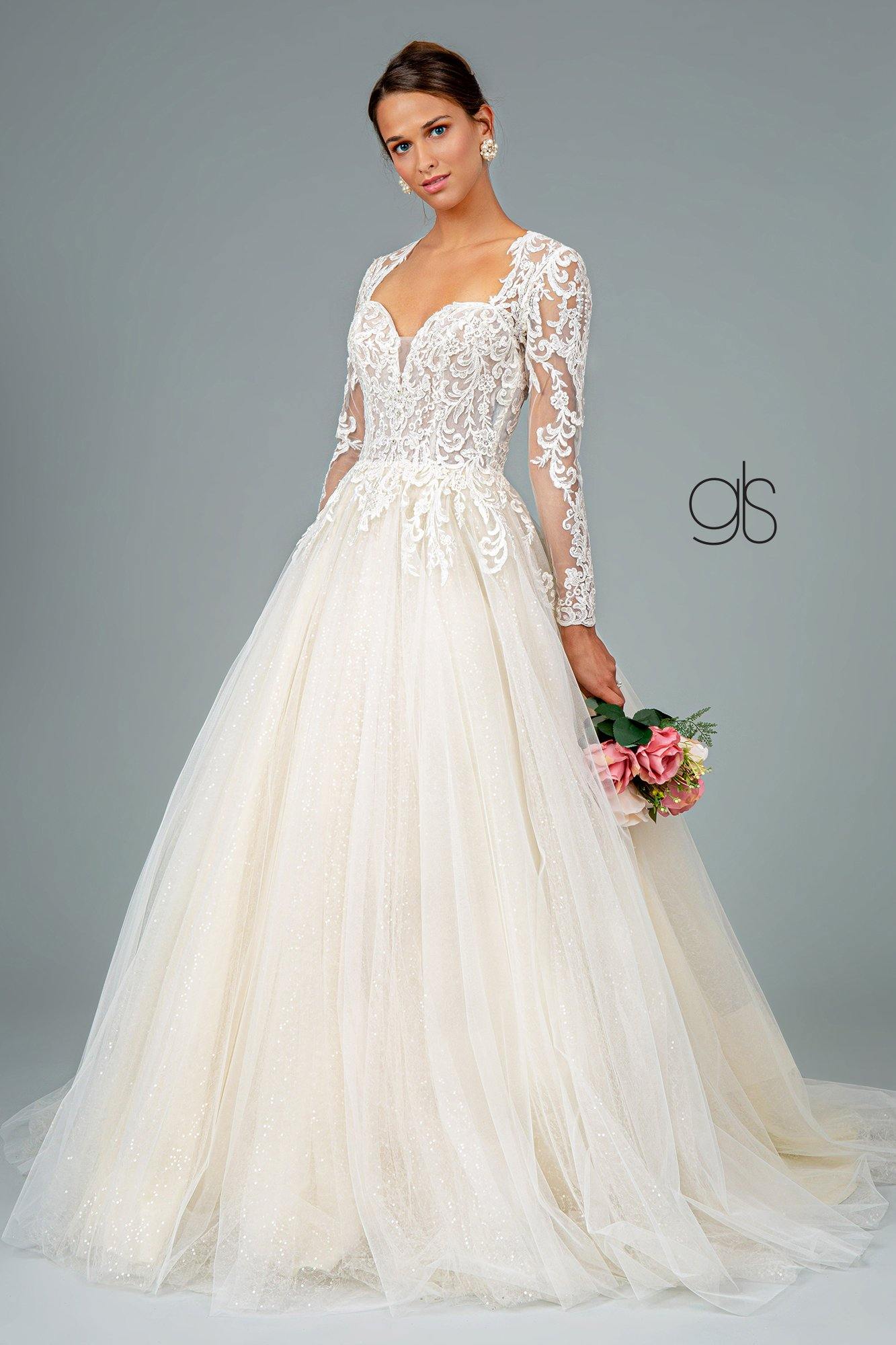 Illusion V-Neck Embroidered Mesh Long Wedding Gown - Ivory/Cream / L Illusion V-Neck Embroidered Mesh Long Wedding Gown - Ivory/Cream / L