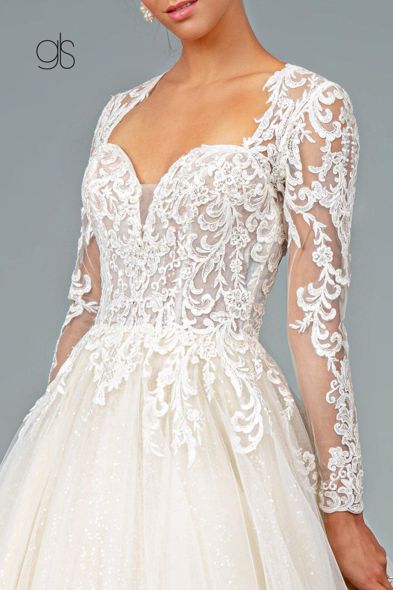 Ivory/Cream Illusion V-Neck Embroidered Mesh Long Wedding Gown