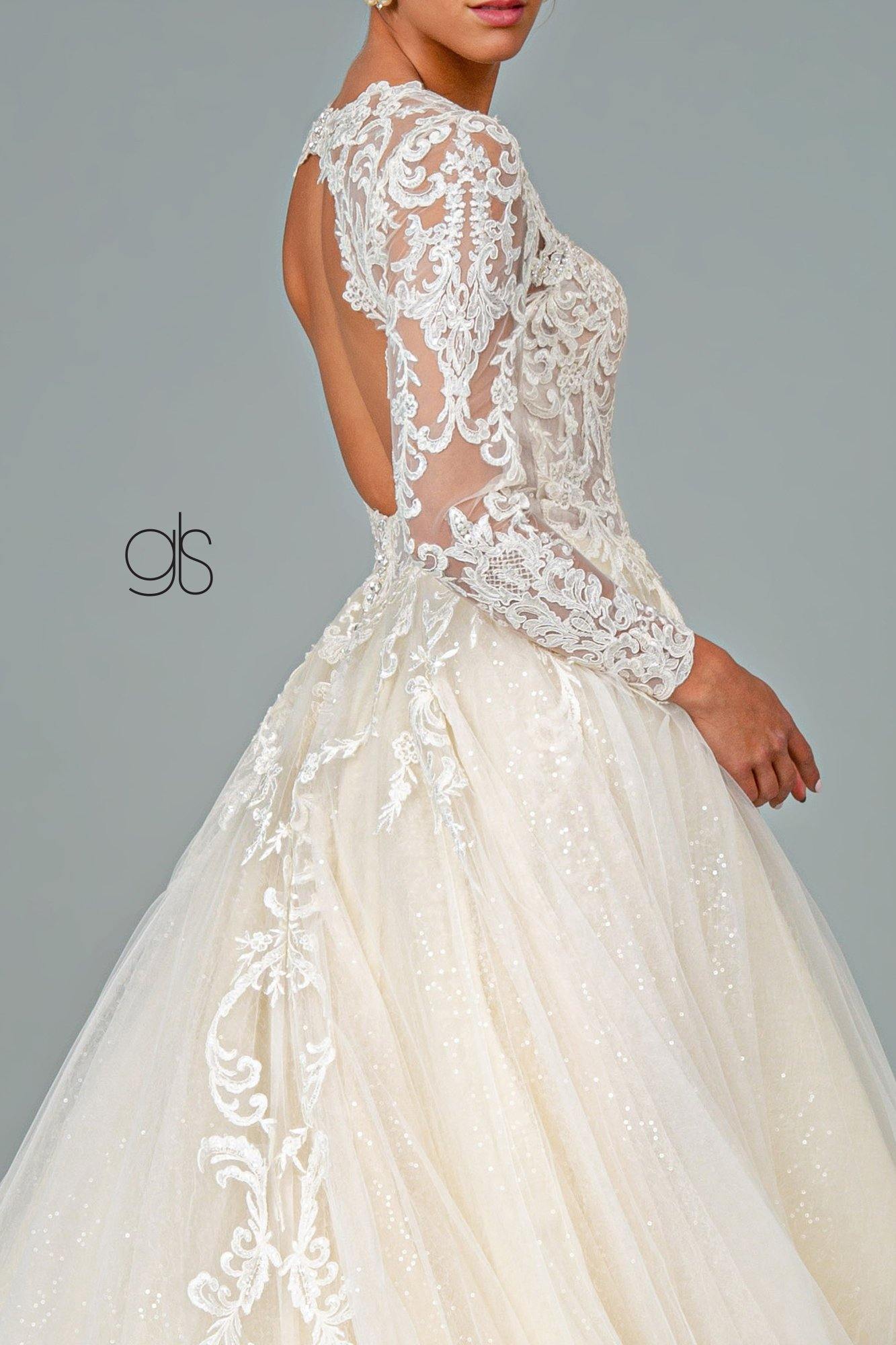Ivory/Cream Illusion V-Neck Embroidered Mesh Long Wedding Gown for $866 ...
