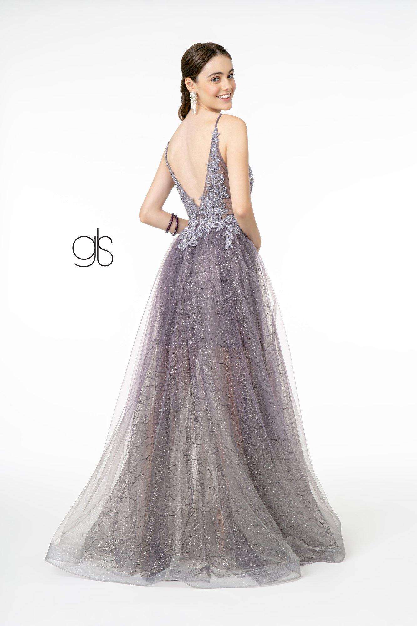 Illusion V-Neck Glitter Mesh Long Prom Dress