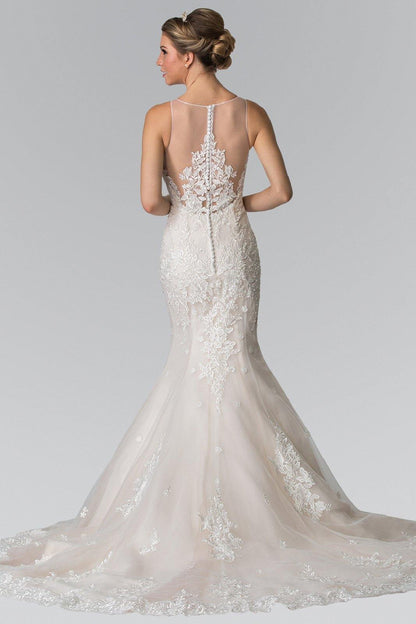 Illusion V-Neck Mermaid Style Lace Long Wedding Dress - The Dress Outlet Elizabeth K