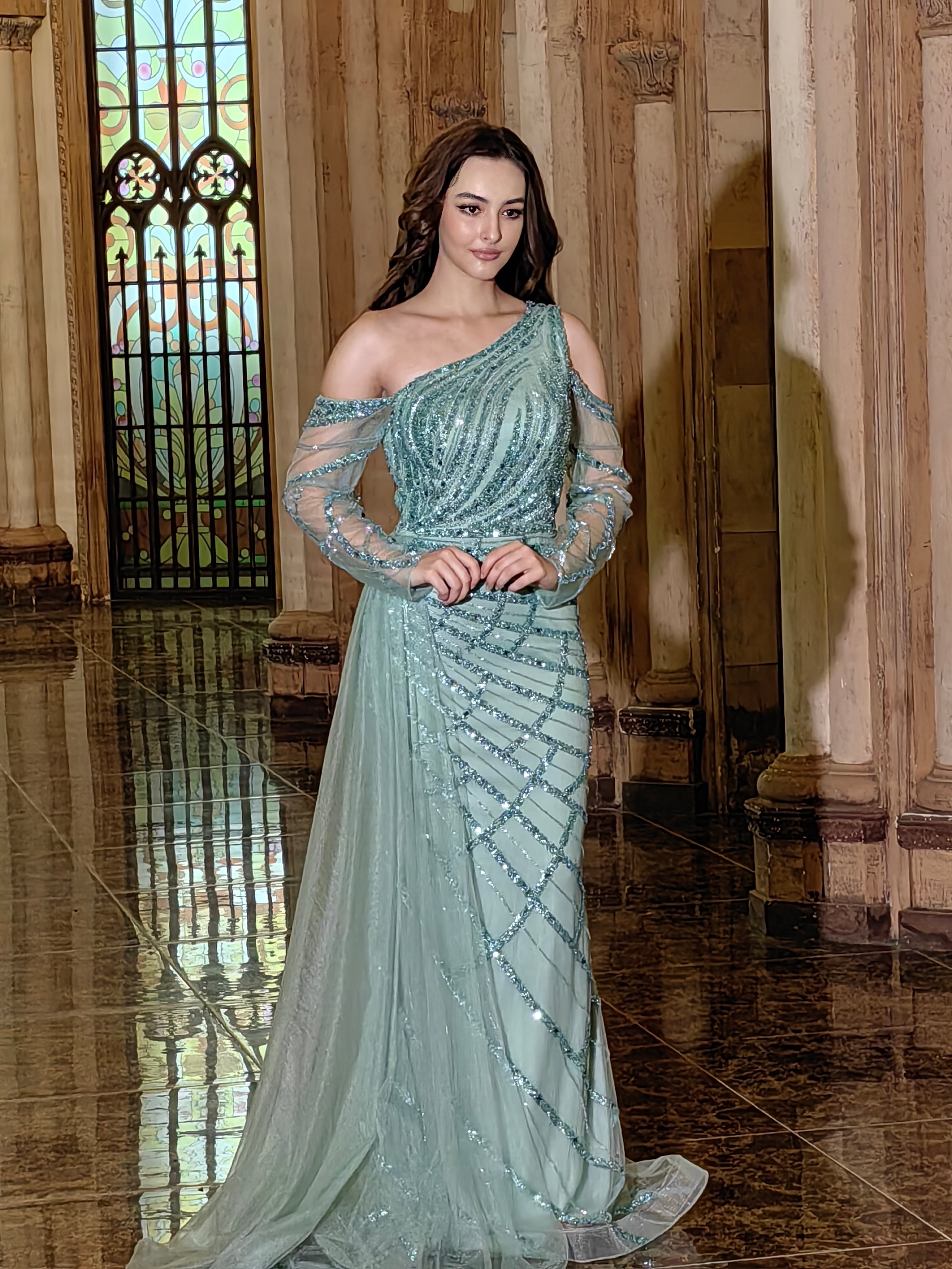Sage Long Couture Long Sleeve Hand Beaded Formal Dress for $249.99