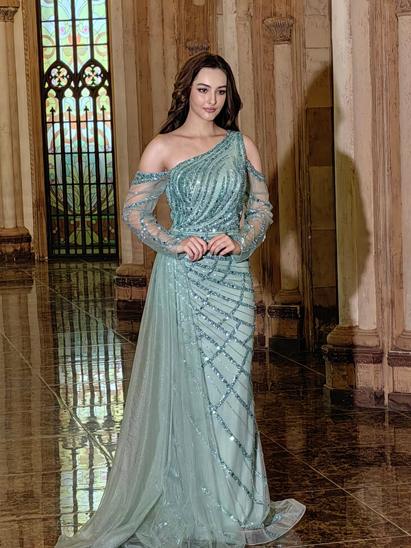 Long Couture Long Sleeve Hand Beaded Formal Dress