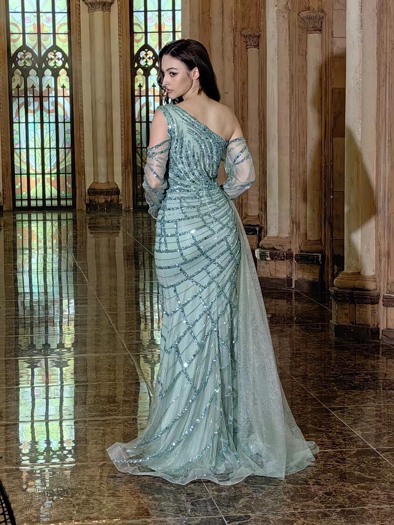 Long Couture Long Sleeve Beaded Formal Dress in Sage - Elegant Gown for Prom and Evening Events Long Couture Long Sleeve Beaded Formal Dress in Sage - Elegant Gown for Prom and Evening Events