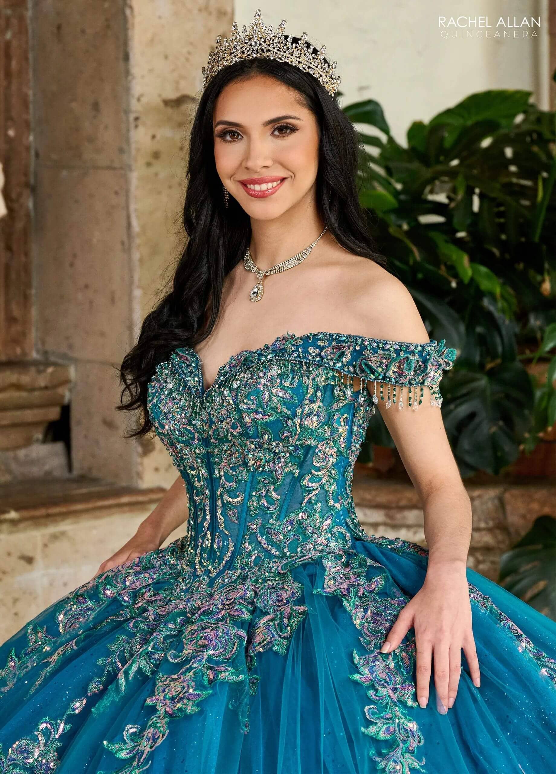 Peacock Off the Shoulder Floor-Length Glitter Tulle Quinceanera Ball Gown with Embroidered Appliqué Train Rachel Allan RQ2205
