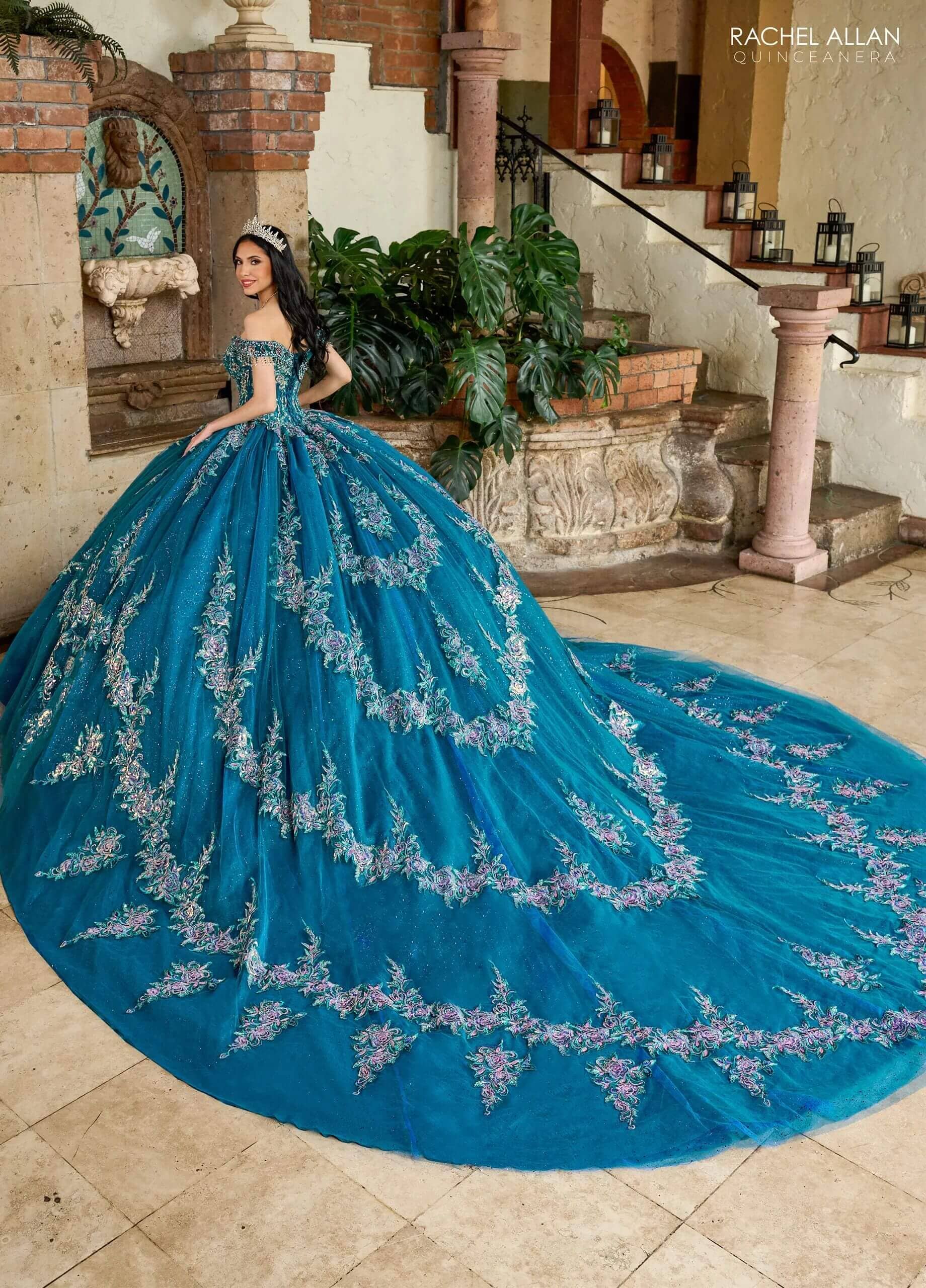 Peacock Off the Shoulder Floor-Length Glitter Tulle Quinceanera Ball Gown with Embroidered Appliqué Train Rachel Allan RQ2205