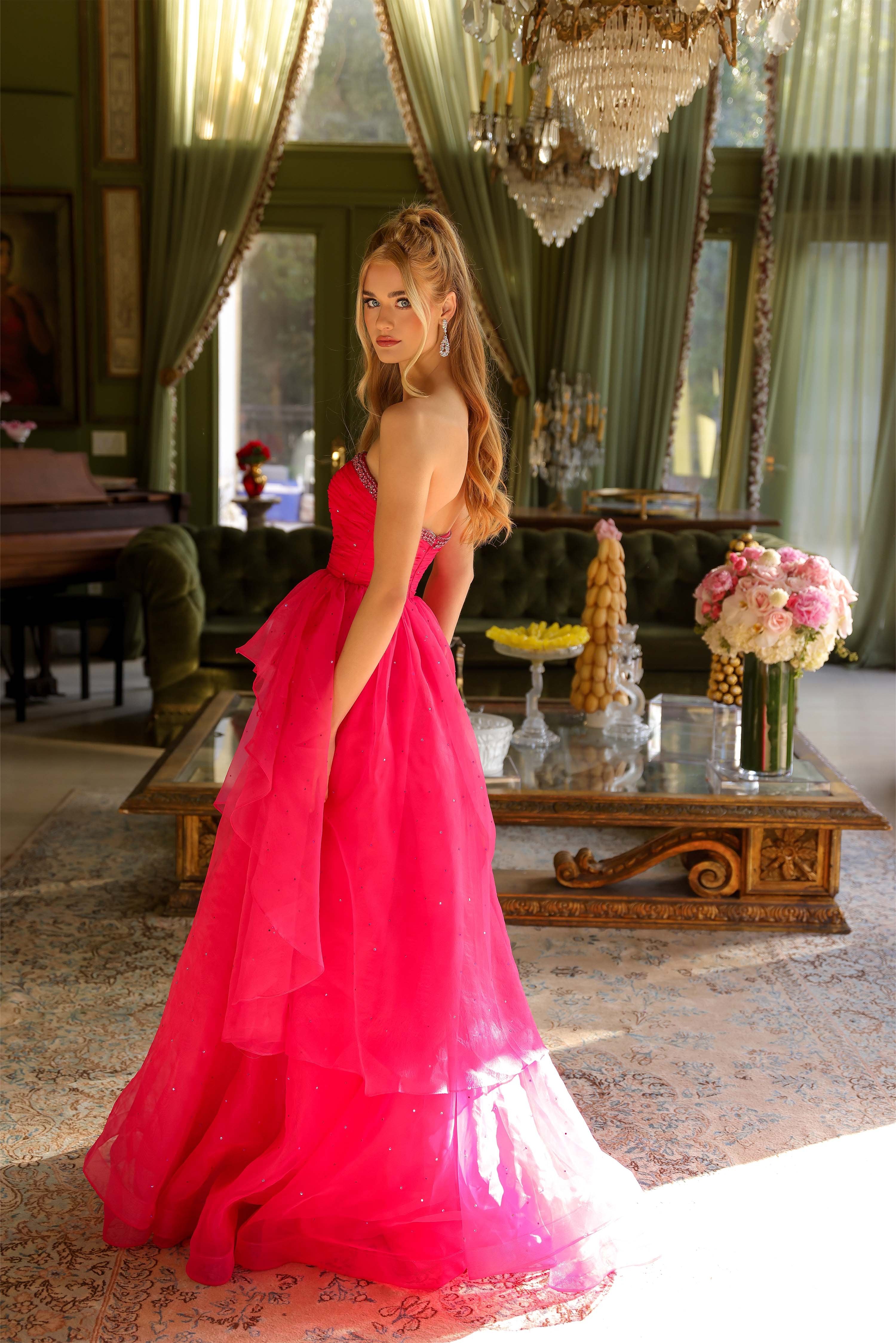 Prom Dresses A Line Long Formal Beaded Layered Prom Dress Hot Pink